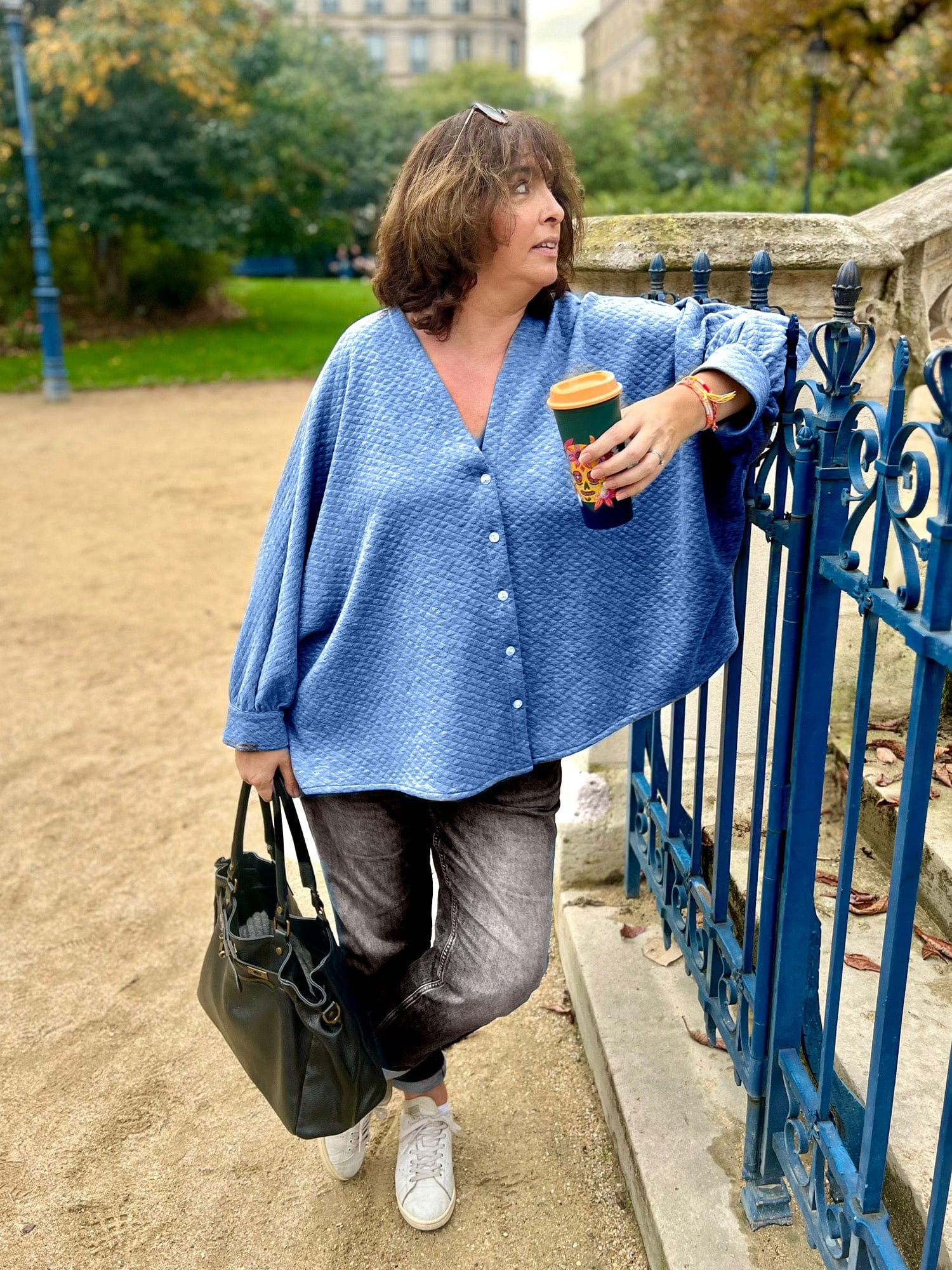 GILET OVERSIZE GRANDE TAILLE EN COTON MATELASSE BLEU