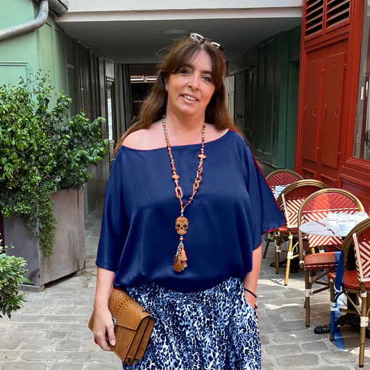 Blouse grande taille en soie bleue