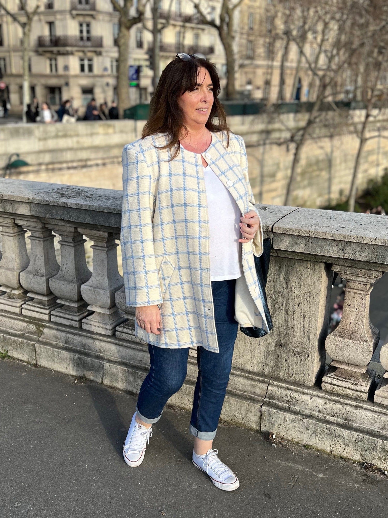 Coat large size ivory and sky blue check face 2 - Les Militantes