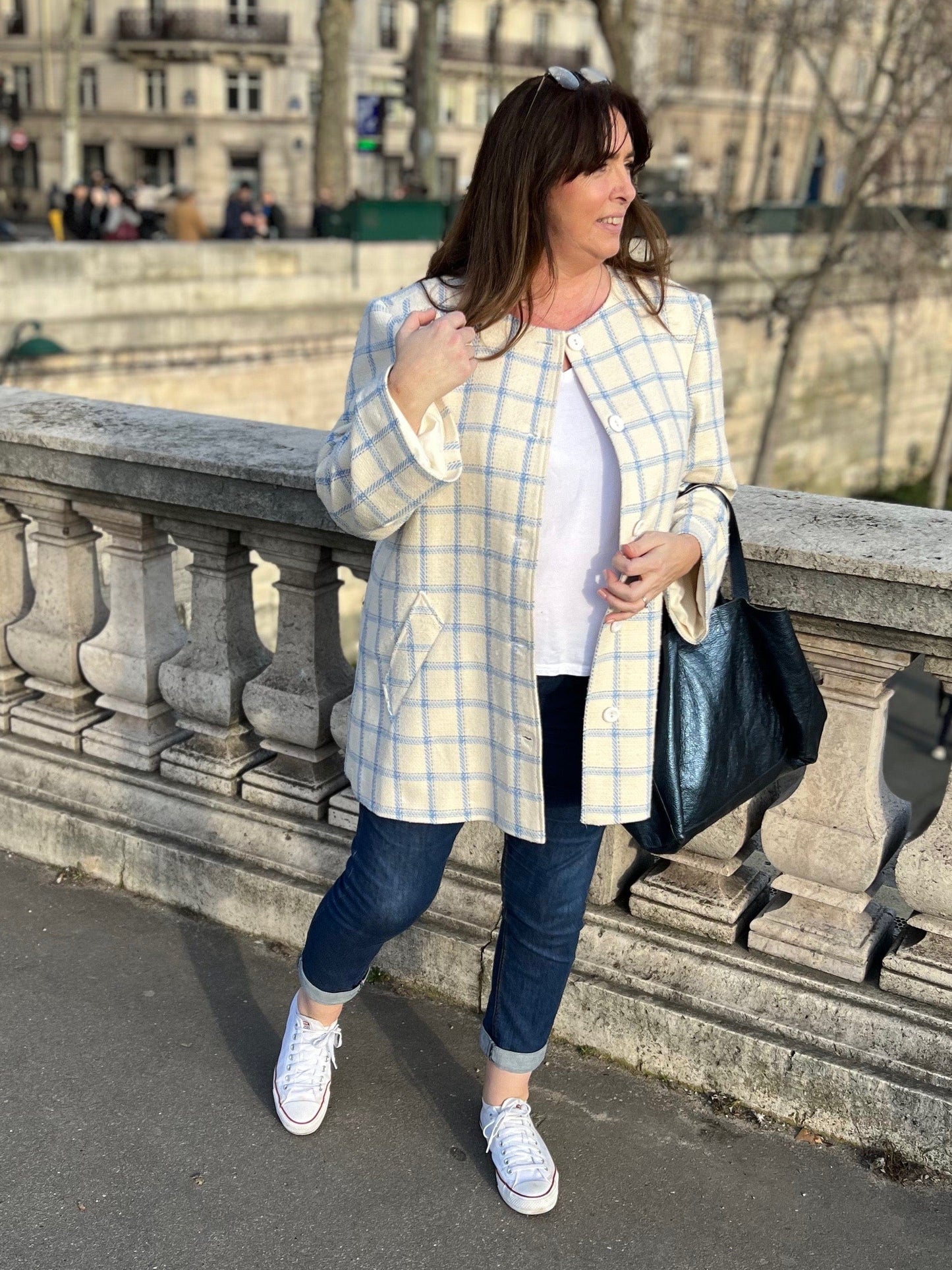 Coat large size ivory and sky blue check face 3 - Les Militantes