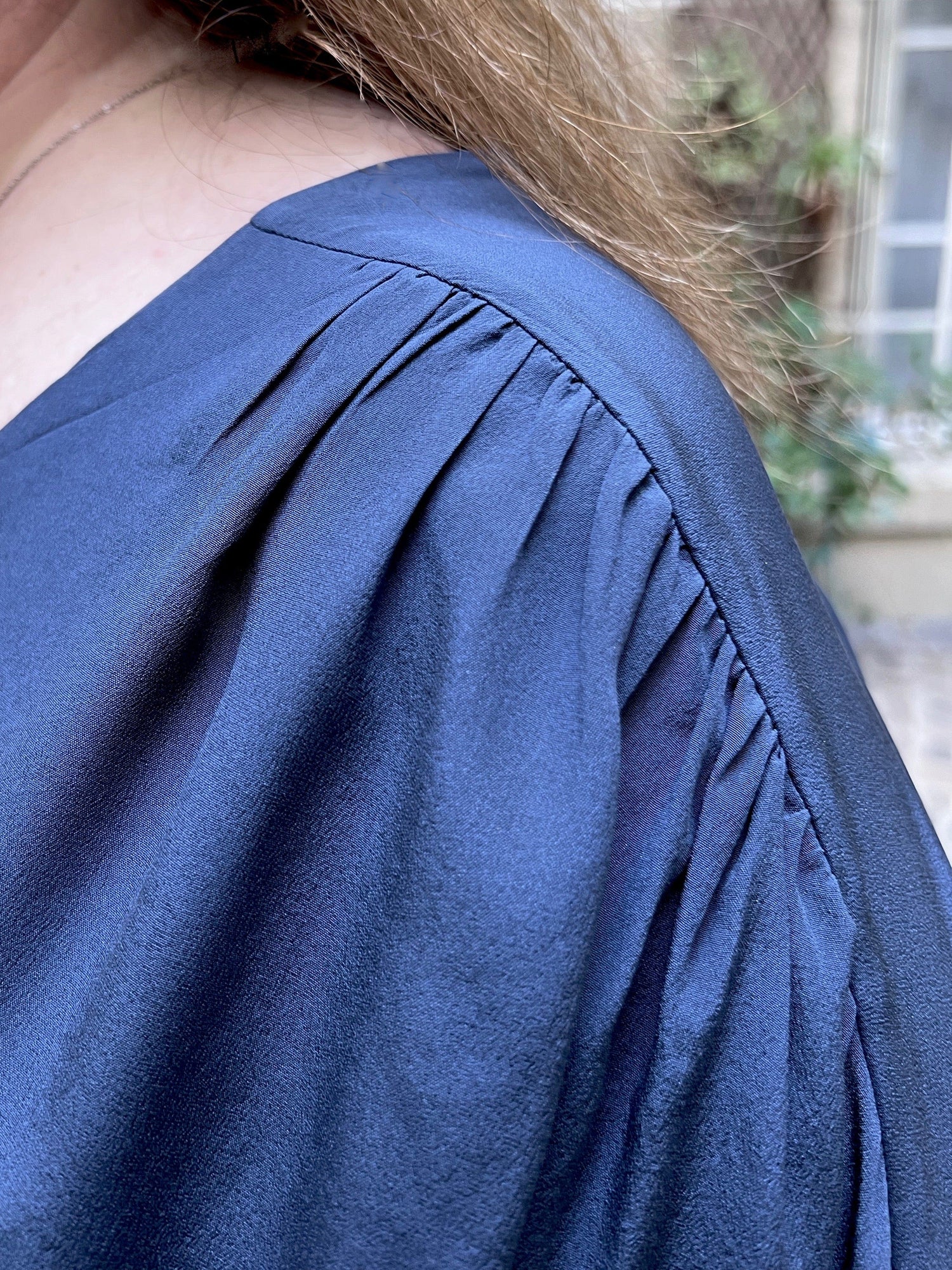 Large blouse in blue silk with gathers detail 