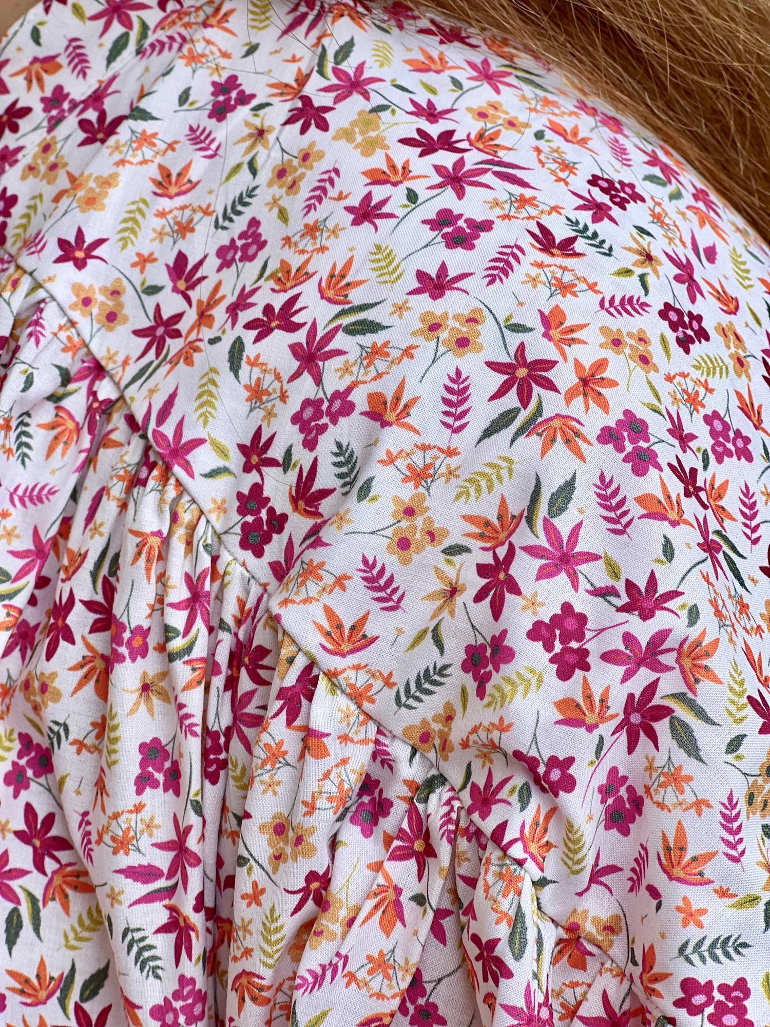 Large floral blouse with gathers and patterns