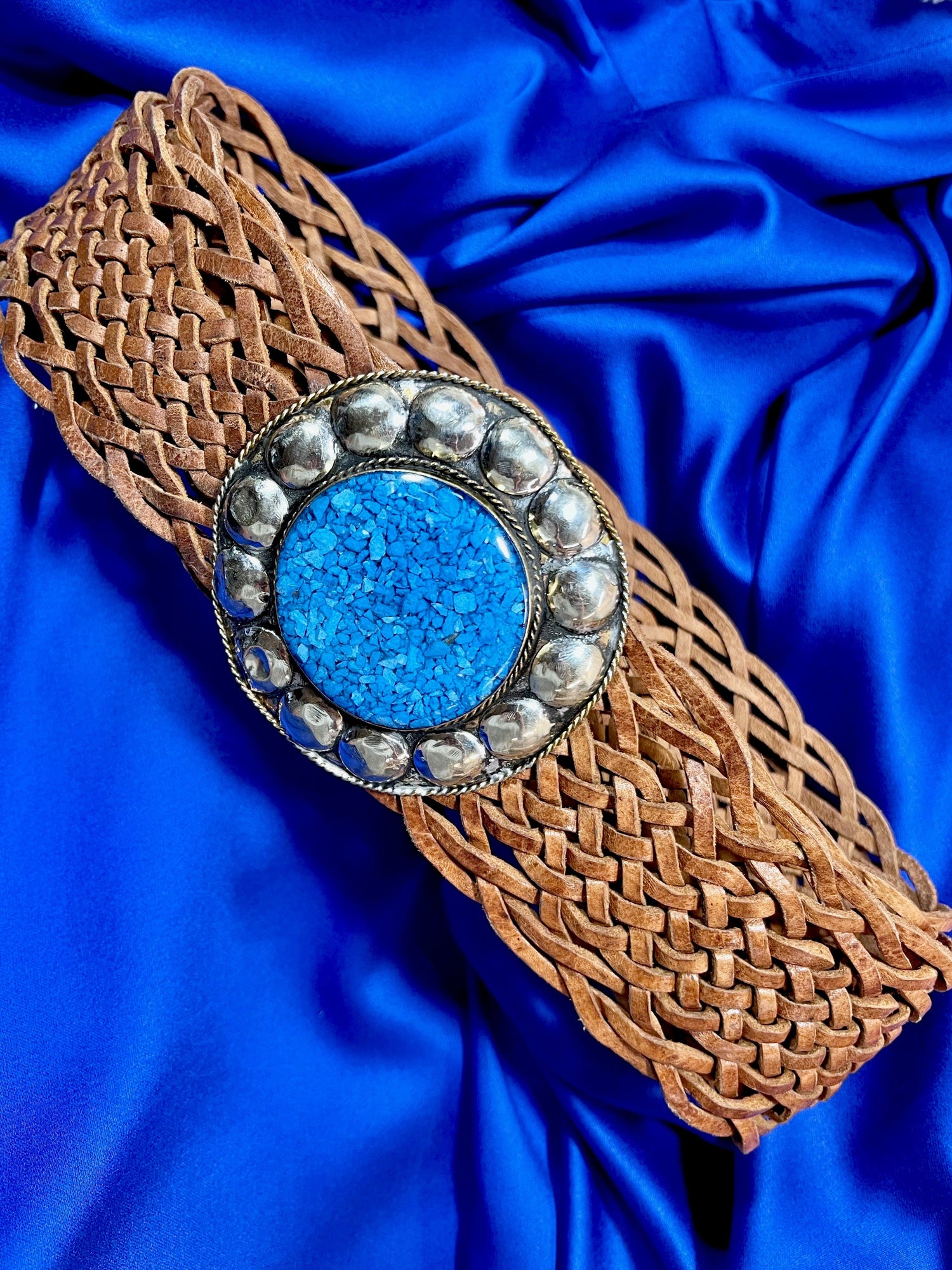 belt large size natural leather turquoise buckle