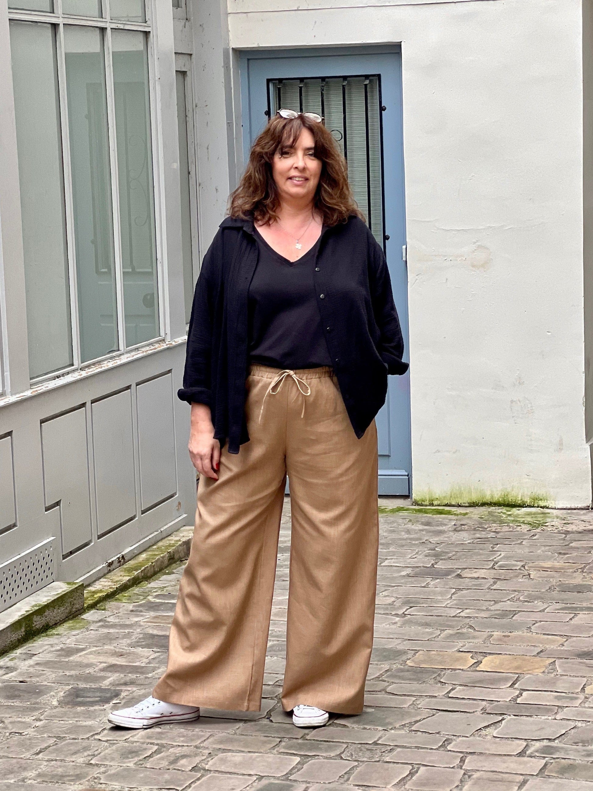 pantalon femme grande taille en lin camel Les Militantes