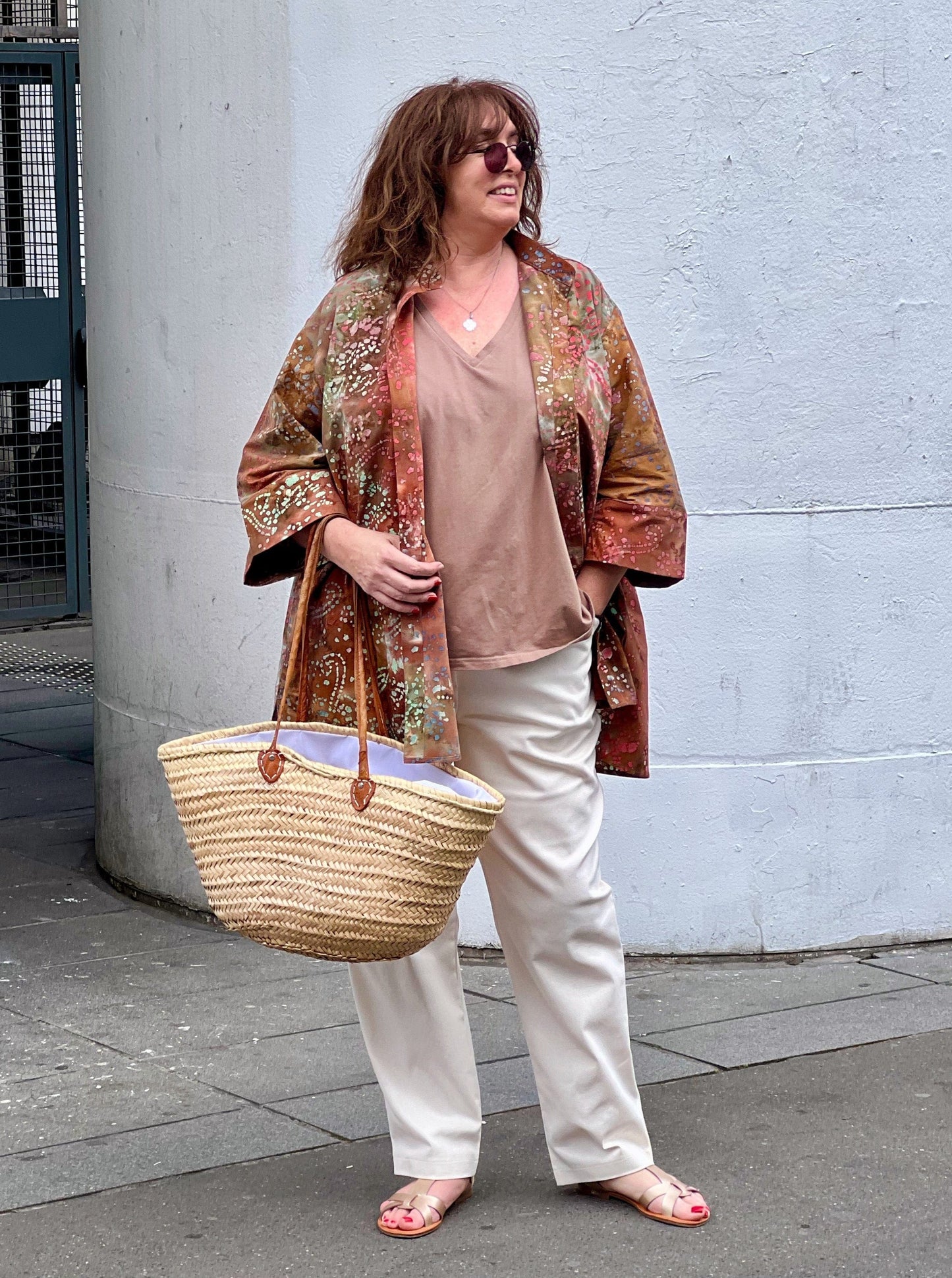 Large women's batik jacket, coffee color, open front