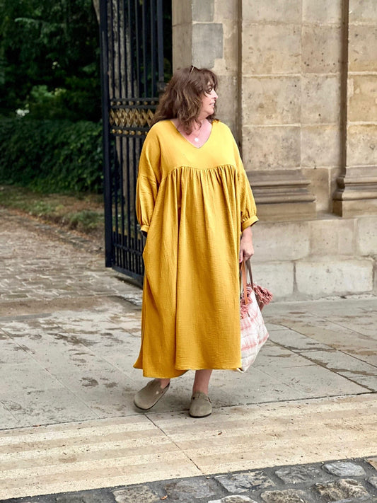 robe longue grande taille gaze de coton moutarde Les Militantes