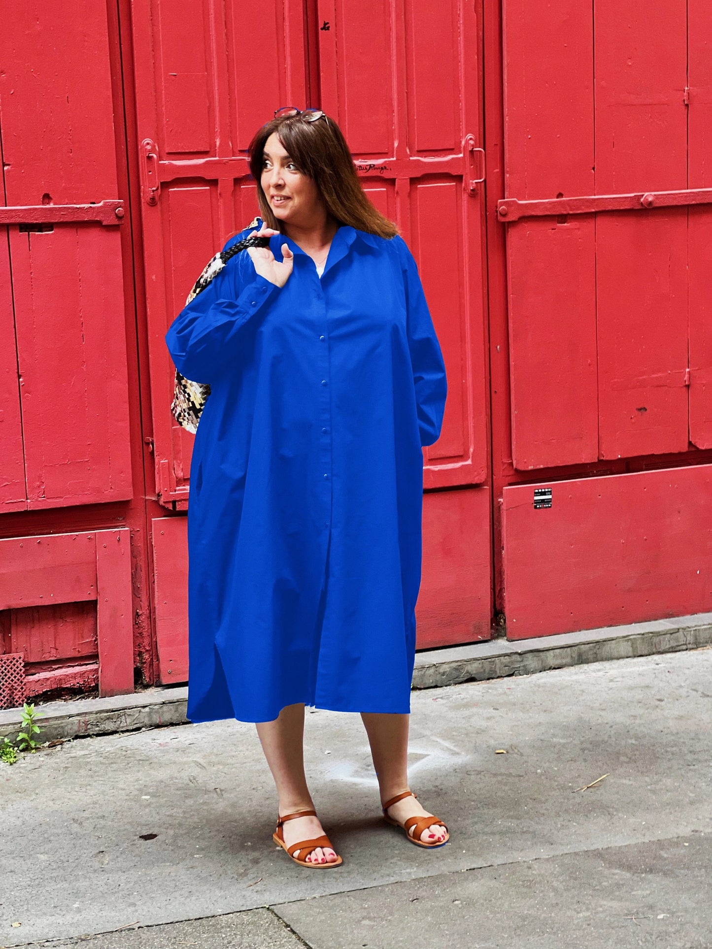 Large bright blue shirt dress in profiled cotton
