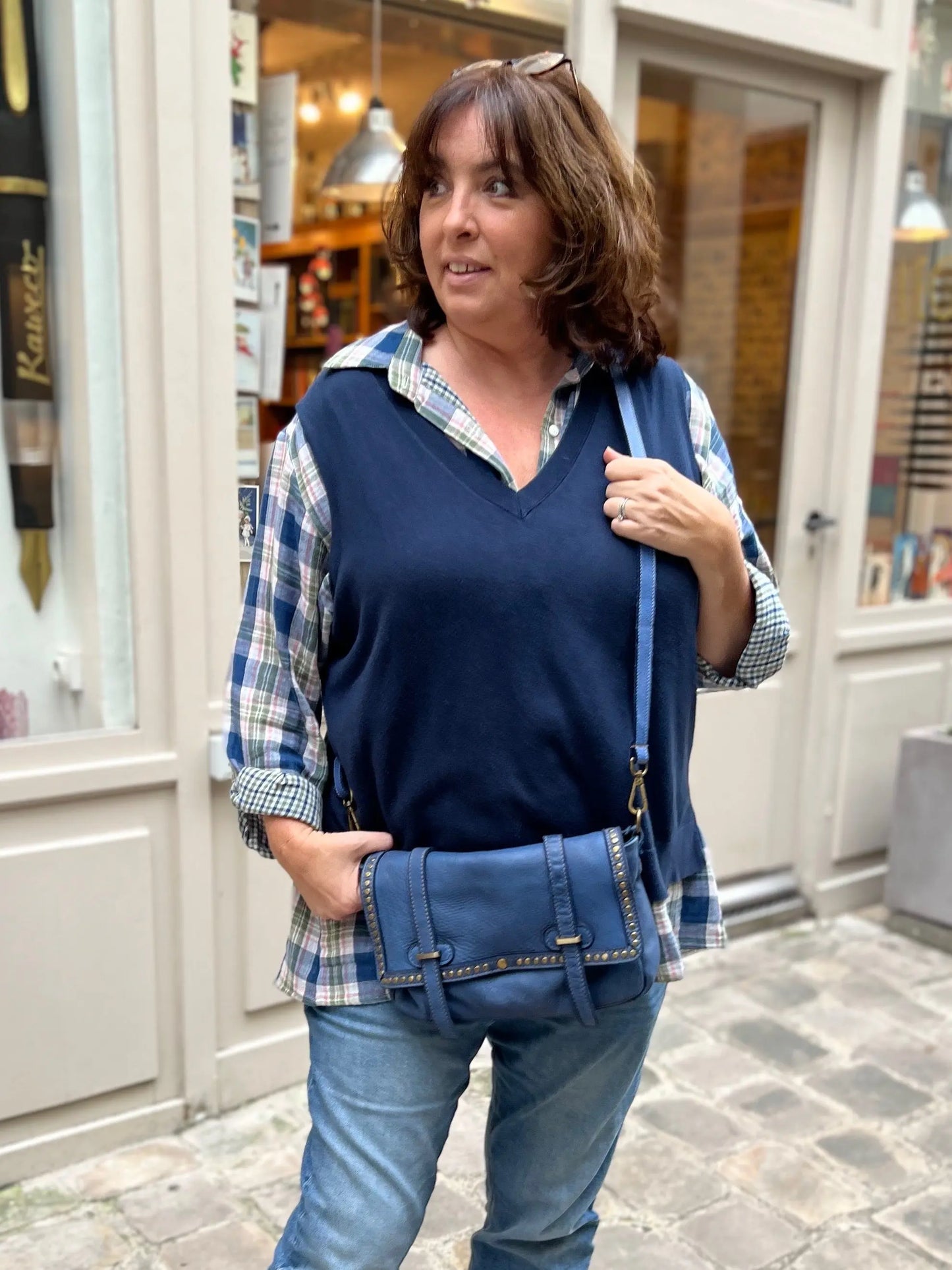 SAC CUIR BLEU BANDOULIERE PORTE A L'EPAULE