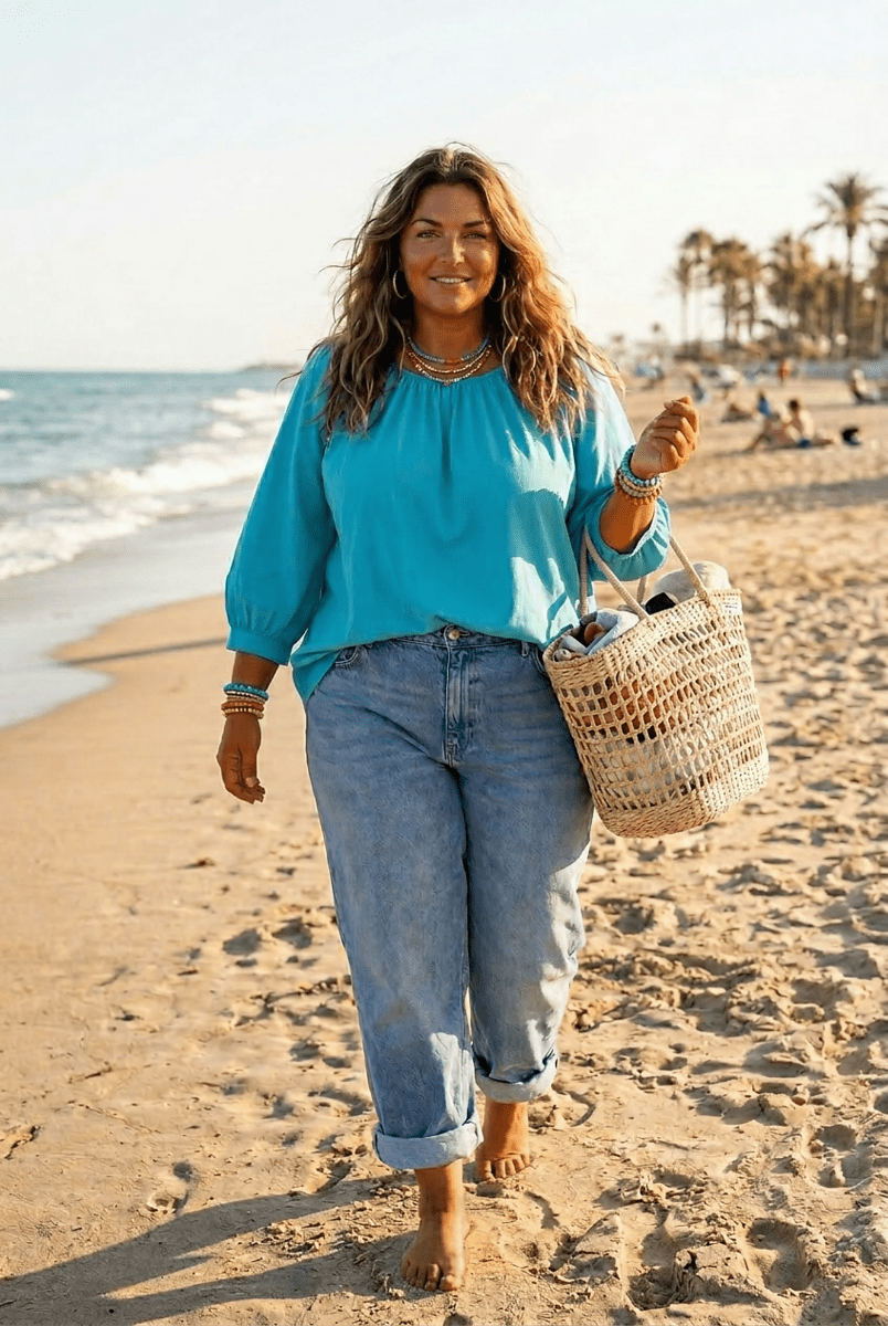 Blouse grande taille en popeline de coton  turquoise - Les Militantes