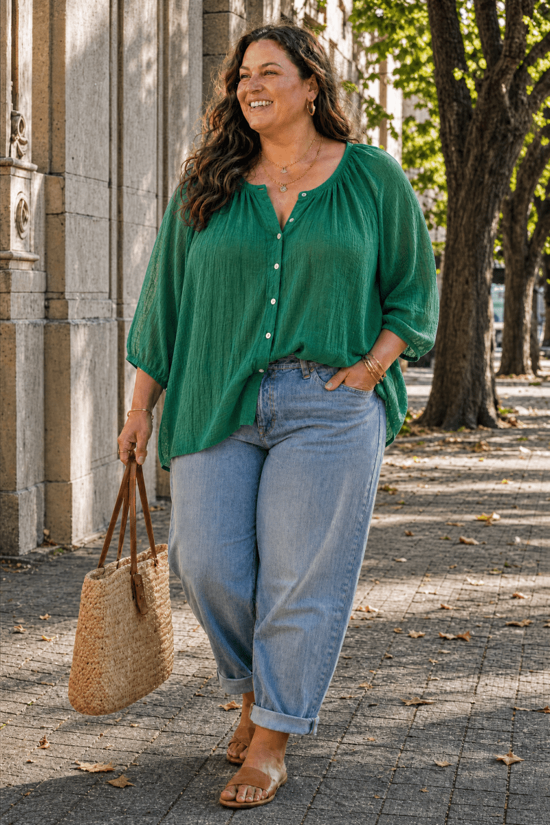 Chemise grande taille gaze de coton - vert - Les Militantes