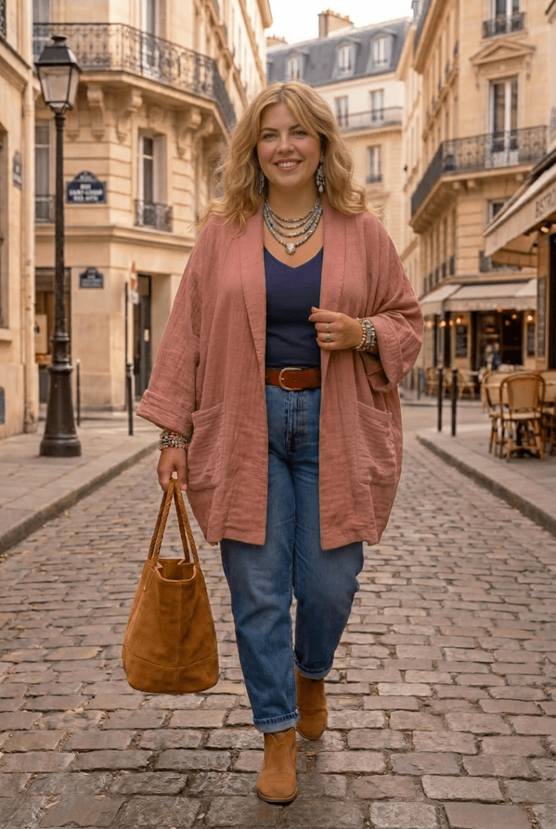 Kimono Raphaël grande taille en triple gaze de coton rose - Les Militantes