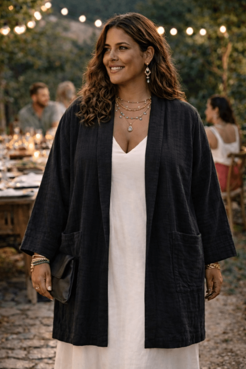 Kimono Raphaël grande taille en triple gaze de coton noir - Les Militantes