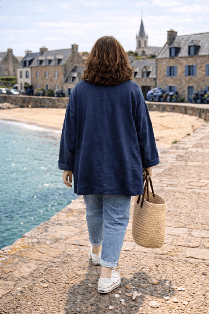 Kimono Raphaël grande taille en triple gaze de coton  bleu marine de dos - Les Militantes