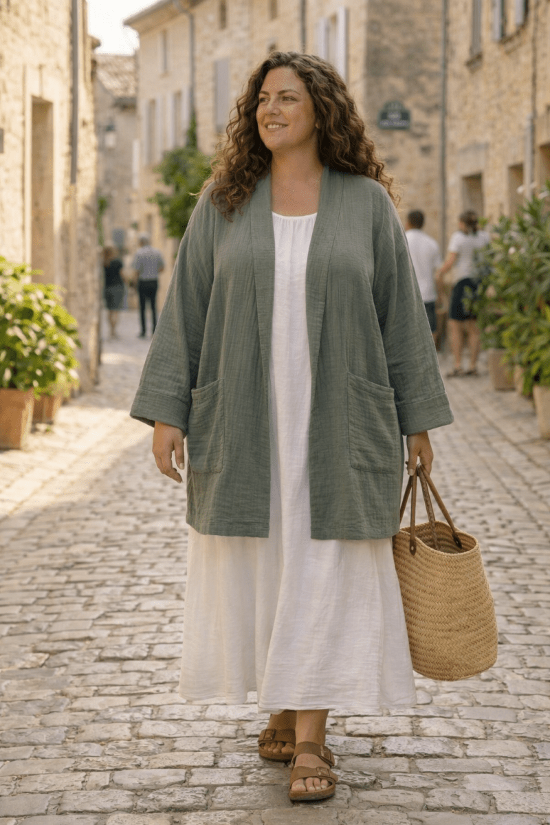Kimono Raphaël grande taille en triple gaze de coton kaki - Les Militantes