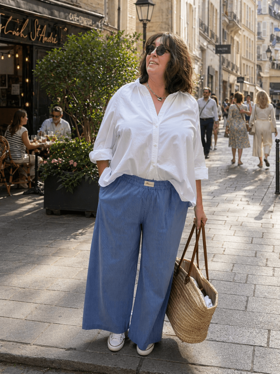 Pantalon Joseph palazzo grande taille - rayures bleu et blanc - Les Militantes