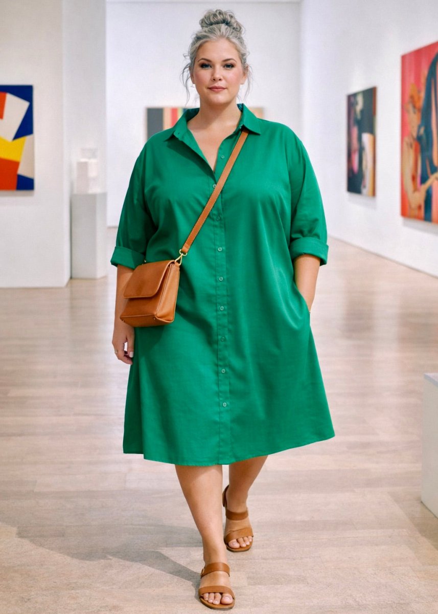 Robe chemise grande taille popeline de coton vert Les Militantes