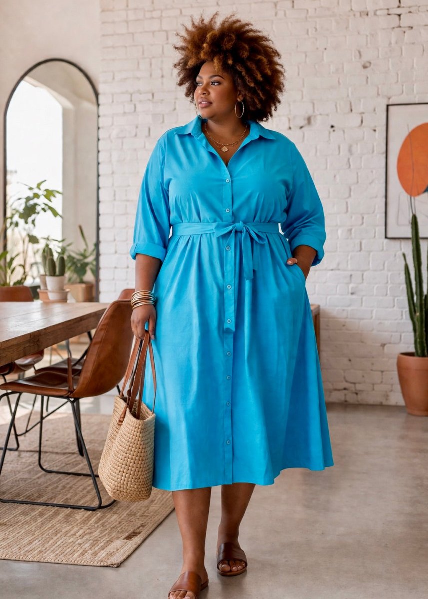 Robe chemise grande taille popeline de coton turquoise  Les Militantes